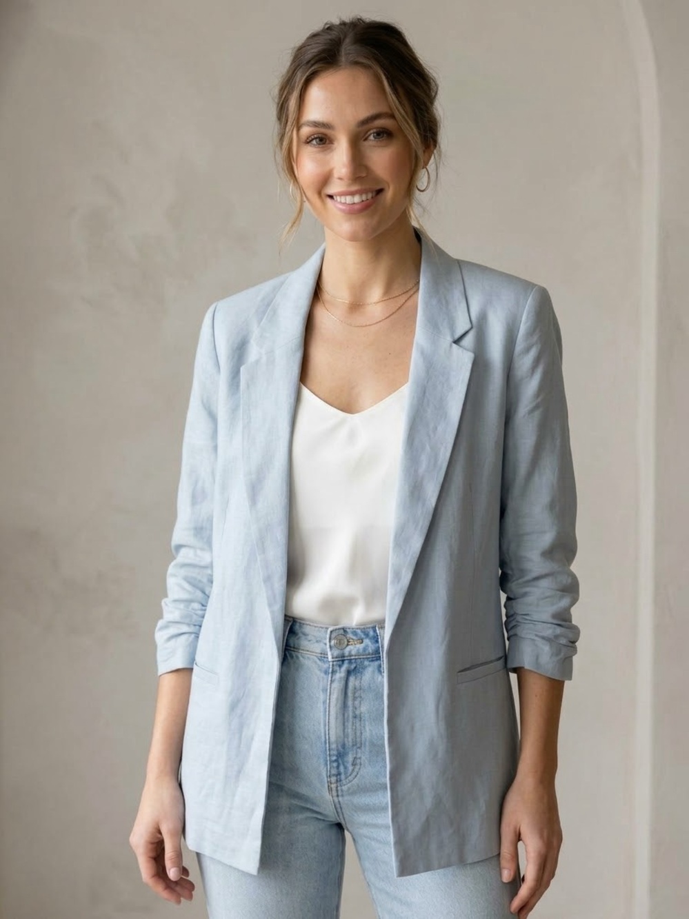 Haver & Blair Light Blue Open-Front Linen-Blend Blazer